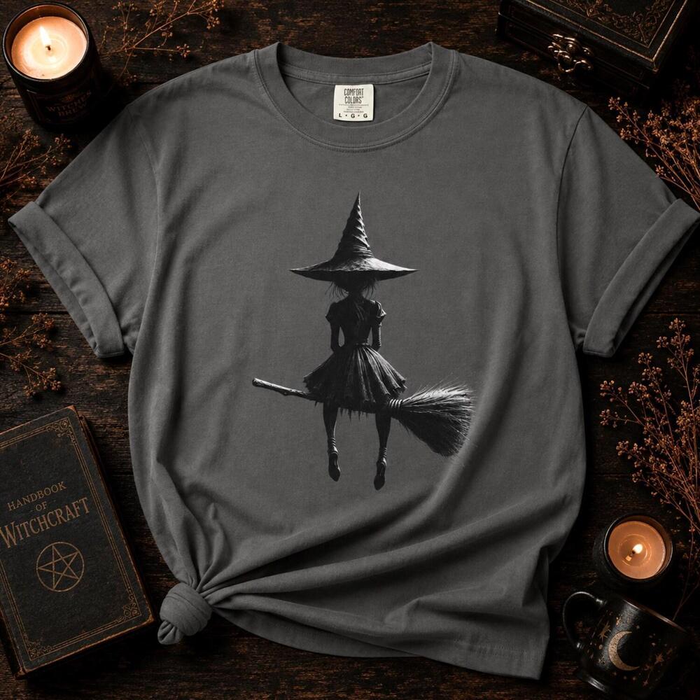 Witch On Broom T-Shirt, , Gothic Halloween Witch Tee